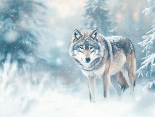 Majestic wolf stands in a snowy forest, exuding strength and mystery amidst frosty trees.