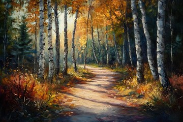 Forest bike path weaving through towering tree dappled sunlight filtering through foliage trail curve invitingly surrounded rich texture of tree bark fallen leaf vibrant color of nature scene feel