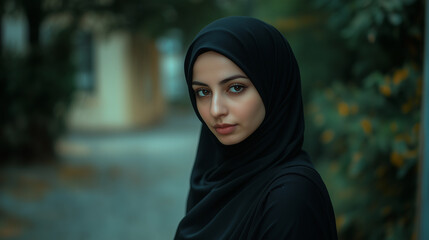 Portrait of a Muslim woman in full black hijab, conservative dress style, black abaya and hijab, modest wear, cultural and religious expression.