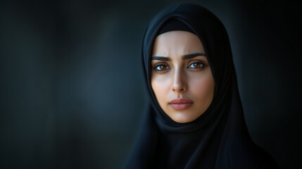 Naklejka premium Portrait of a sad Muslim woman wearing a traditional hijab, middle eastern background, serious expression, looking directly at the camera. Concept of emotional pain, social pressur