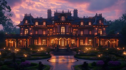 Fototapeta premium Illuminated Mansion Estate At Dusk With Lush Gardens And A Serene Atmosphere Photo