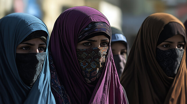 Realistic portrayal of women under Taliban rule, adhering to strict Islamic dress codes with mandatory hijab and full-body covering. Highlights gender-based oppression, severe rest