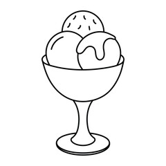 Ice cream sundae vector illustration. Hand-drawn doodle style dessert in glass bowl with scoops. Black line art isolated on white background.