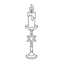 Candle on holder with Star of David vector illustration. Hand-drawn doodle style Jewish religious symbol. Black line art isolated on white background.