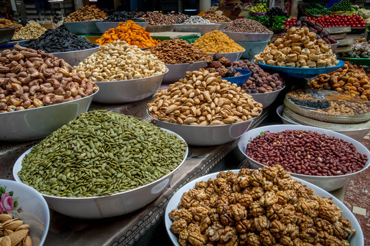 Food display at Dushanbe market in Tajikistan's capital includes organic dried mulberries, apricots, raisins, and other nuts.
