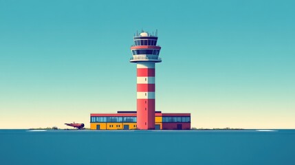 Colorful lighthouse with a modern design standing on a coastal landscape under a clear sky