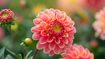 A close up of a pink dahlia flower in full bloom with a blurred green background in a garden setting