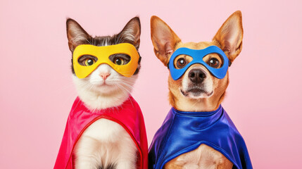 Fototapeta premium Cute cat and dog dressed like superheroes with colorful masks and capes, side by side on pink background