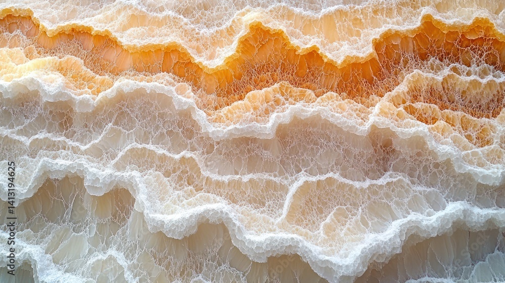 Poster detailed close-up view of layered, organic, whitish-orange stone texture. intricate, wavy patterns a