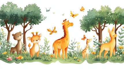 Obraz premium Charming illustration of playful animals in a vibrant forest, surrounded by butterflies and flowers