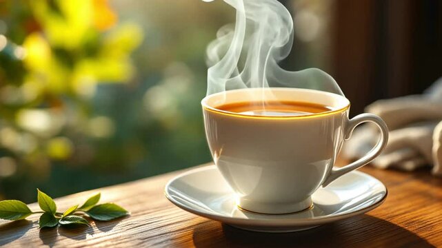 Hot Tea in a Ceramic Cup with Steam Rising in Cozy Morning Atmosphere