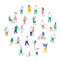 Line art people color big bundle. City Crowd. Hand drawn People vector set. Male and female flat characters isolated on white background.	