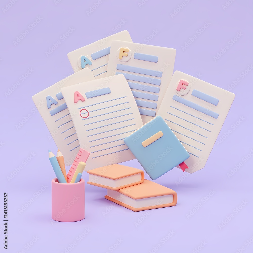 Poster a vibrant and colorful scene with three notebooks stacked on top