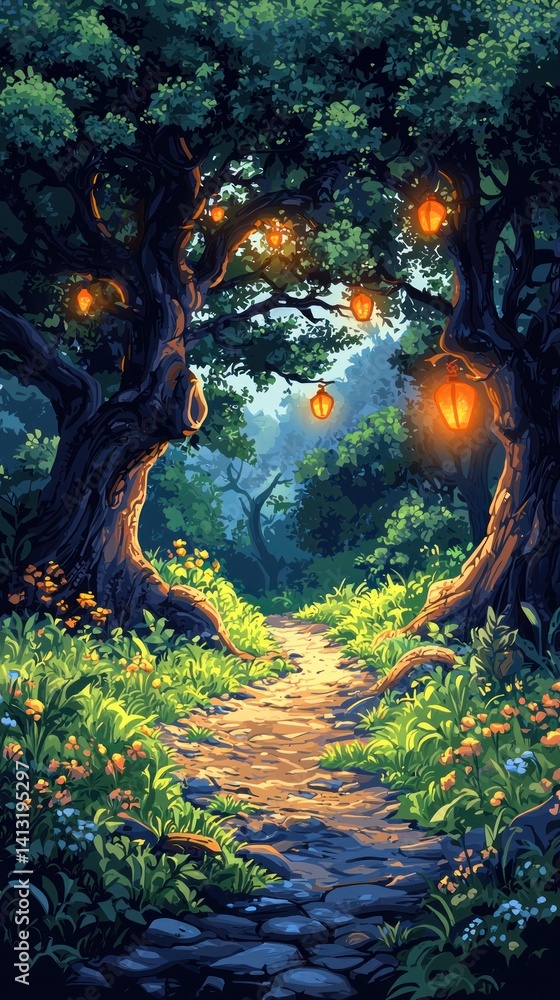 Poster enchanted forest path illuminated by glowing lanterns at twilight time