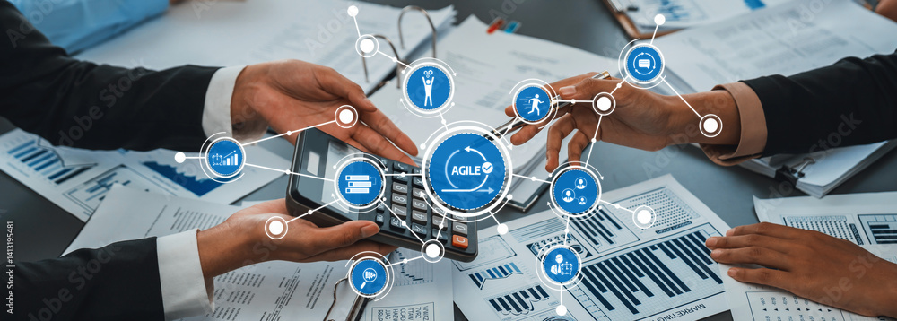 Poster two professional hands work on a calculator surrounded by business documents, representing teamwork 