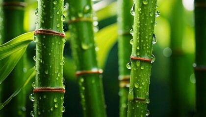 Vibrant Bamboo: A close-up of lush green bamboo stalks glistening with water droplets, creating a refreshing and serene natural scene. 