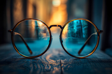 Runde Brille mit Reflexion einer Stadt – kreative Perspektive und Konzept von Sehen und Fokus
