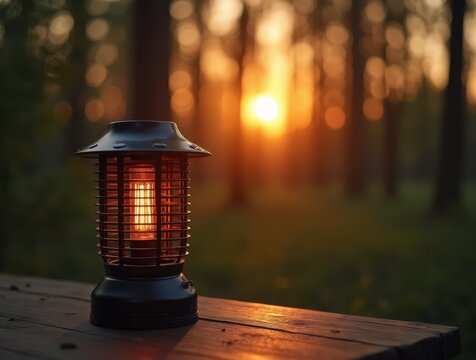 Black electric mosquito killer lamp placed on a wooden table in a forest, providing protection against insects during sunset
