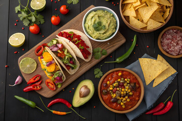 Delicious Mexican Tacos with Guacamole, Salsa, and Tortilla Chips