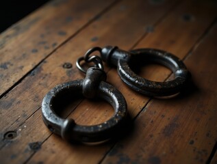 Rusty open slave shackles on old wood, symbolizing the remembrance of slavery and the struggle for freedom