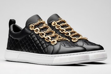 Black Sneakers with Quilted Leather Panels and Gold Accents