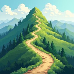 Naklejka premium Illustration of a winding trail leading up a lush green mountain, celebrating adventure and harmony with nature