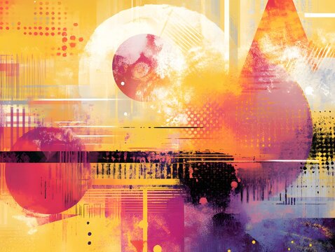 Abstract art with warm hues, geometric shapes, and textured overlays