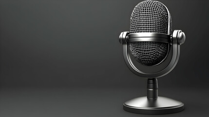 Vintage Chrome Microphone for Podcast Audio Recording on a Gray Background with Shiny Metallic Finish