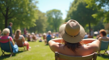 People enjoying Summer Bank Holiday in a sunny park, relaxing in deck chairs under blue sky and green trees