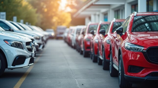 row of red abd white cars in the parking lot of a car dealership facility, mass production, second hand cars 