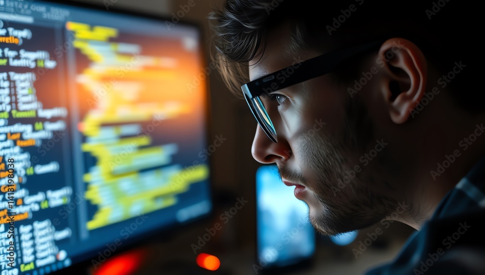 Wall mural focused developer coder man wearing glasses looking at computer screen. high definition cinematic ph