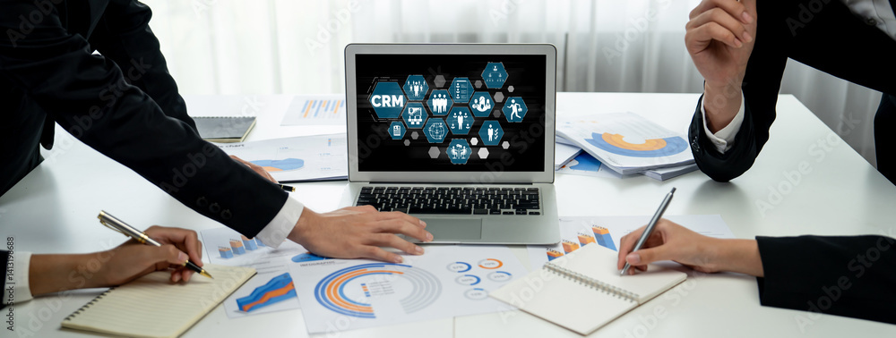 Poster customer relationship management system on brisk computer for crm business and enterprise
