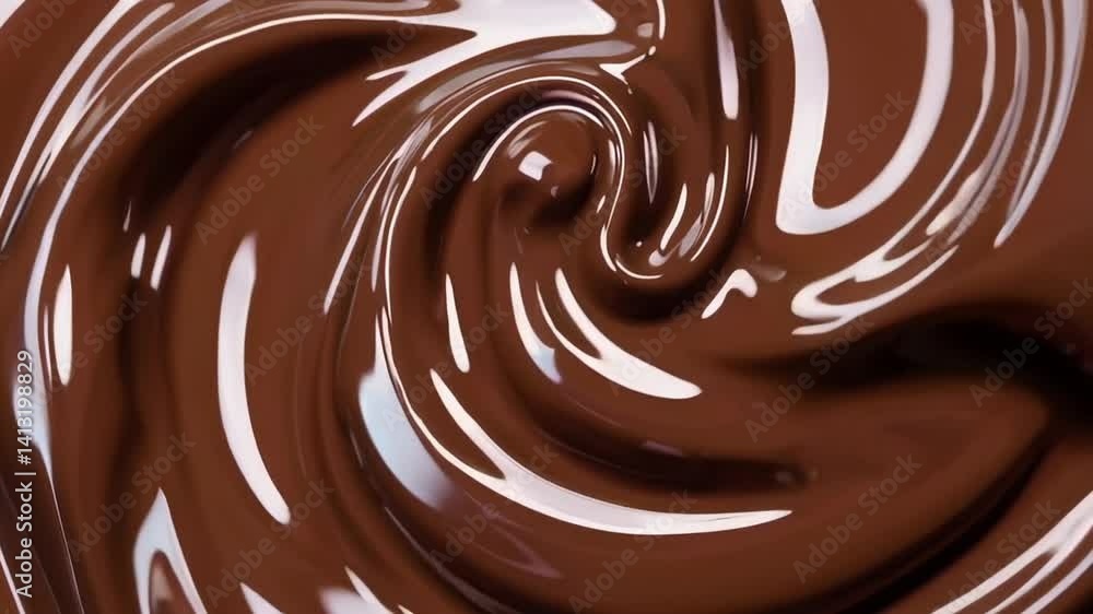 Poster smooth milk chocolate melting and forming mesmerizing swirling patterns, revealing rich brown textur