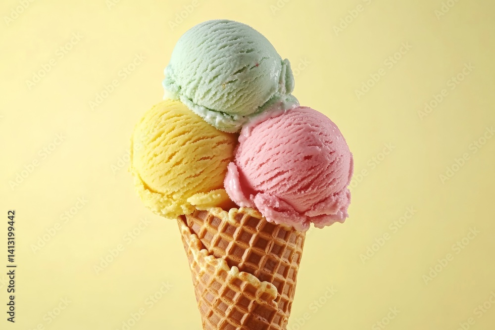 Poster close-up view of a waffle cone showcasing three vibrant scoops of ice cream in pastel colors, creati