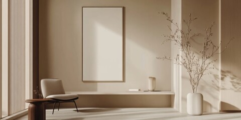 Minimalist beige living room with modern decor and natural lighting.