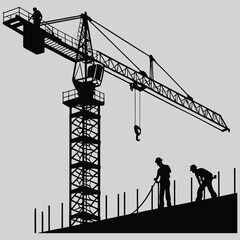 Construction crane with workers below image silhouette vector art and illustration