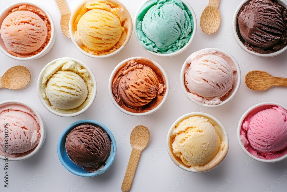 Poster a vibrant display features numerous cups filled with assorted ice cream flavors, each topped with a 