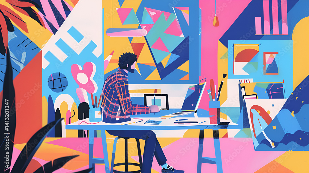 Aufkleber a person working at a desk with a laptop and tablet in a colorful and abstract room setting design