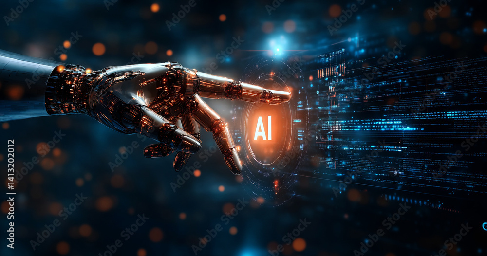 Poster abstract futuristic concept robot hand touching with fingers on a digital screen interface