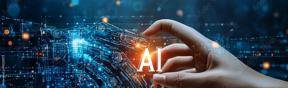 Poster abstract futuristic concept robot hand touching with fingers on a digital screen interface