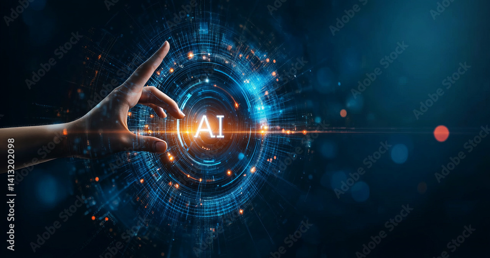 Poster abstract futuristic concept robot hand touching with fingers on a digital screen interface