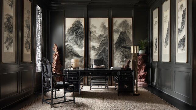 Ming Dynasty-inspired study with black lacquer furniture, scholar&acirc;&euro;&trade;s rocks, and scroll paintings of misty mountains.  