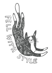 Doodle outline quirky cats hand drawn illustration, whimsical black ink cats print, cartoon pet line art