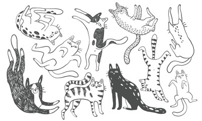 Doodle outline quirky cats hand drawn illustration, whimsical black ink cats print, cartoon pet line art