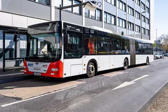 Cologne, Germany - April 5, 2025: K&ouml;lner Verkehrs-Betriebe KVB MAN Lion&rsquo;s City articulated bus