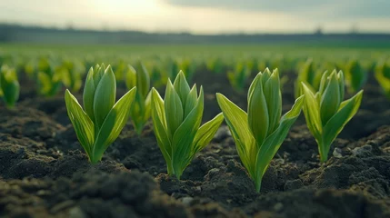 Selbstklebende Fototapeten Emerging tulip sprouts in a field © AGUNG