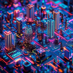 Futuristic smart citiy on circiut board cyberspace concept. Construction and city engineering background. Generative AI. Illustration for brochure, cover, poster, presentation or banner