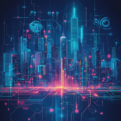 Fototapeta premium Futuristic smart citiy on circiut board cyberspace concept. Construction and city engineering background. Generative AI. Illustration for brochure, cover, poster, presentation or banner