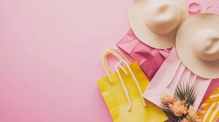 Stylish sun hats and vibrant shopping bags on a pink background create a summery vibe.