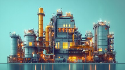 Obraz premium Modern industrial facility at twilight with glowing lights and reflections on water
